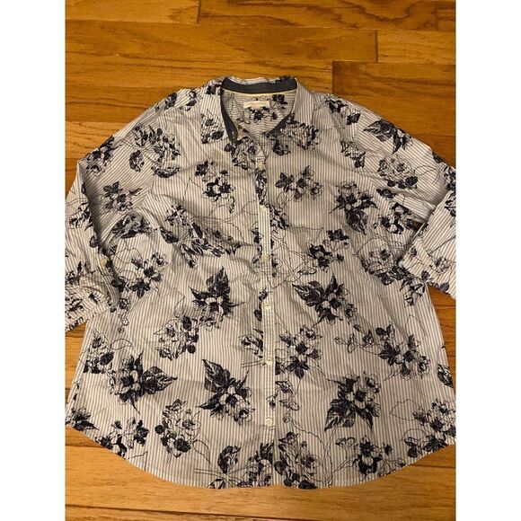 Charter Club women's striped floral 3/4 sleeve button down collared blouse sz PL - Picture 1 of 9